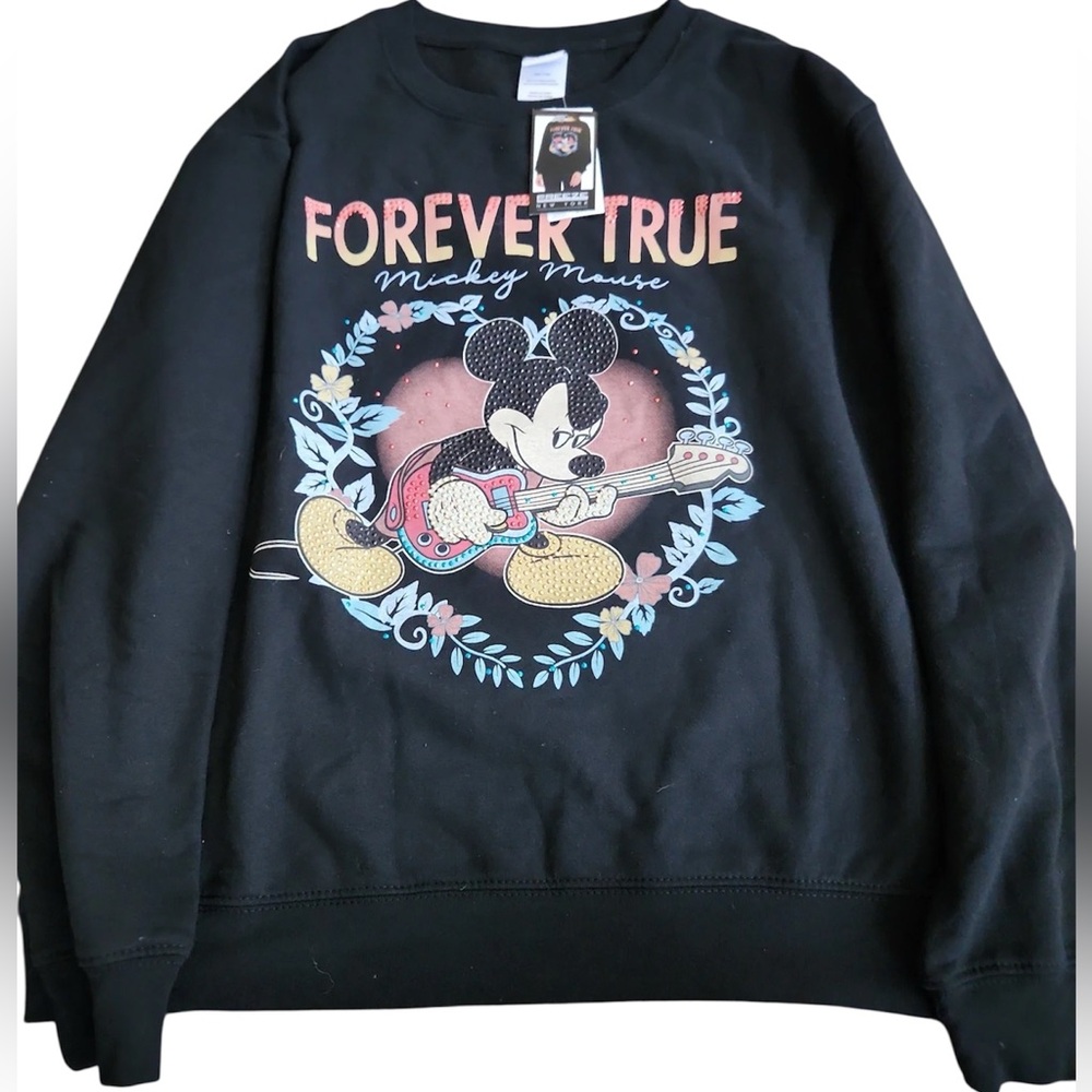 NWT Disney Mickey Mouse Black Forever True Rhinestone Crew Neck Sweater Size L - Picture 2 of 6